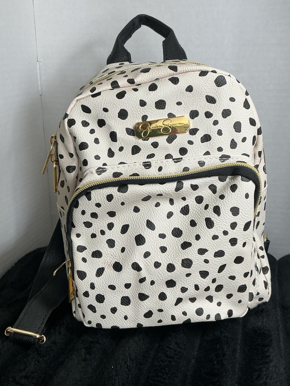 Jessica Simpson Dalmatian Spot Mini Backpack Black/White/Cream Faux Leather EUC